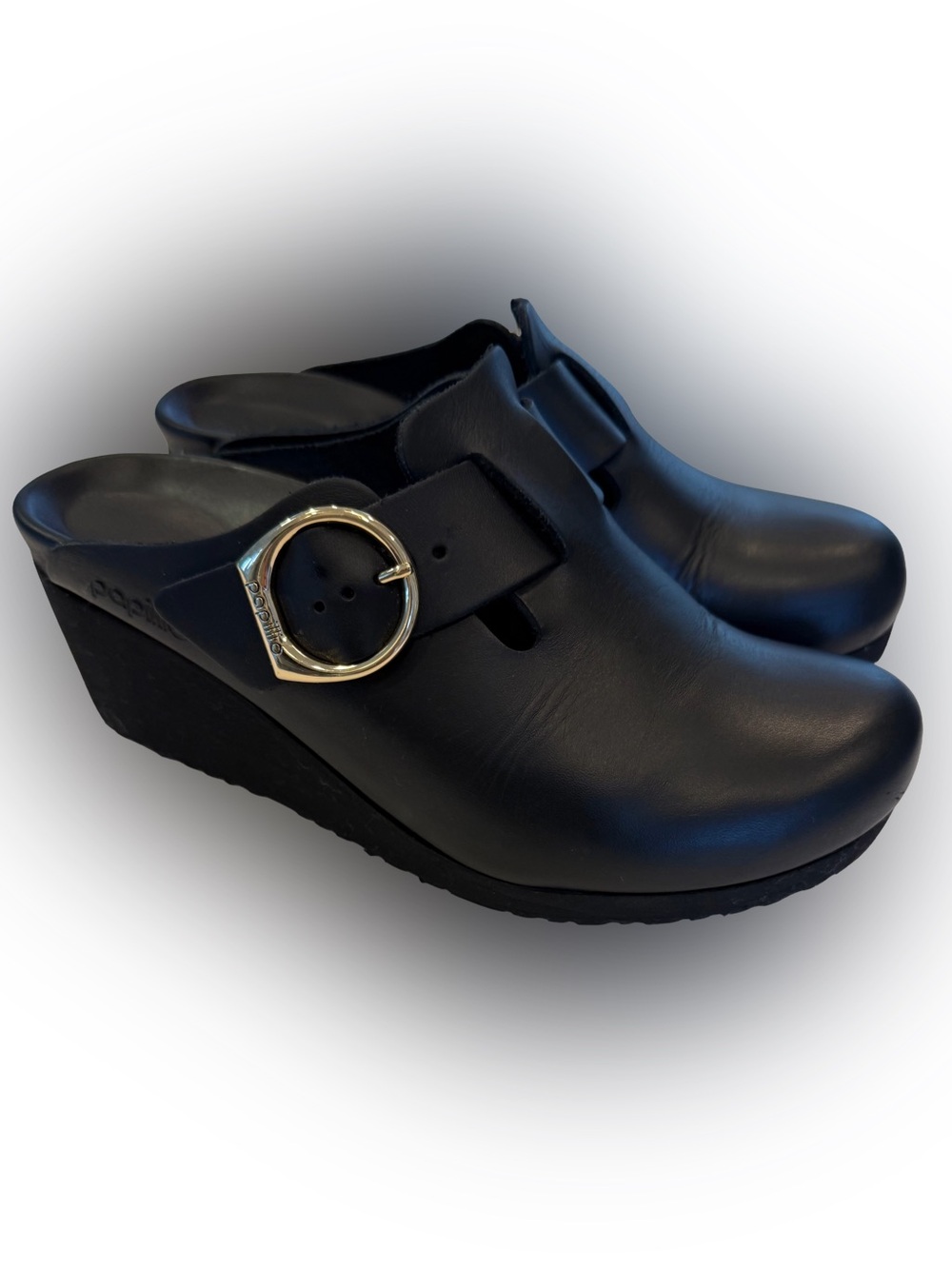 Birkenstock Papillon Women’s Fanny Ring Buckle Wedge Black Leather Sz US 8 EU 39